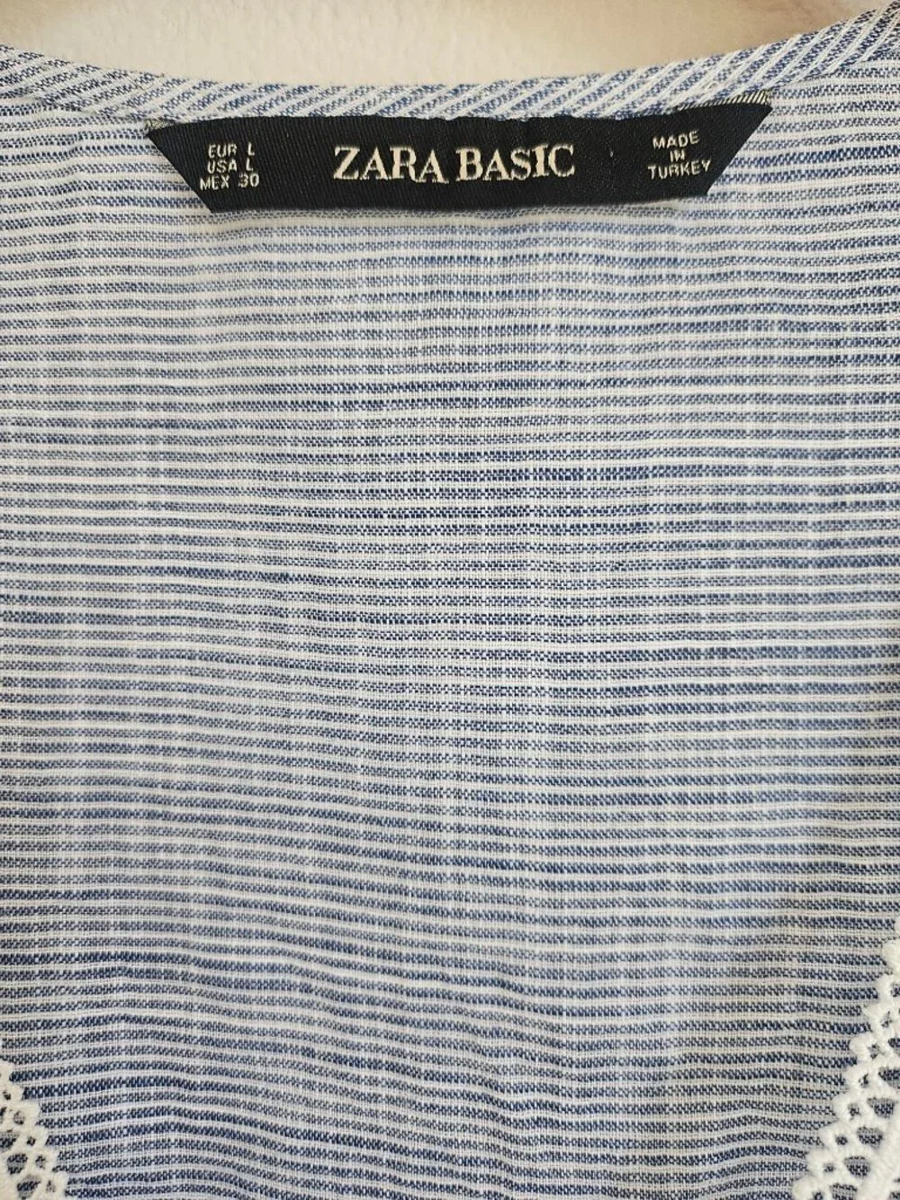 Zara Boho Lace Trim V-Neck Puff Sleeve Blouse Blue - Size L